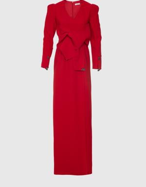 Tie Detailed Red Long Evening Dress