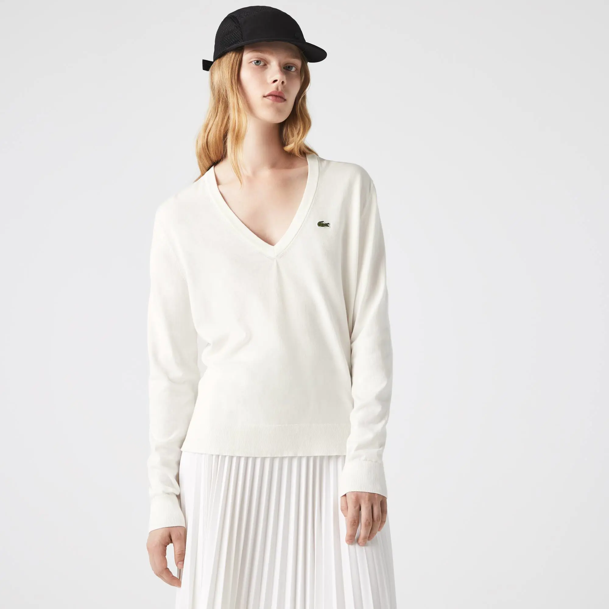 Lacoste Women’s V-neck Organic Cotton Sweater. 1