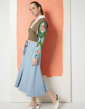 Blue Midi Jean Skirt with Buckle Detail
