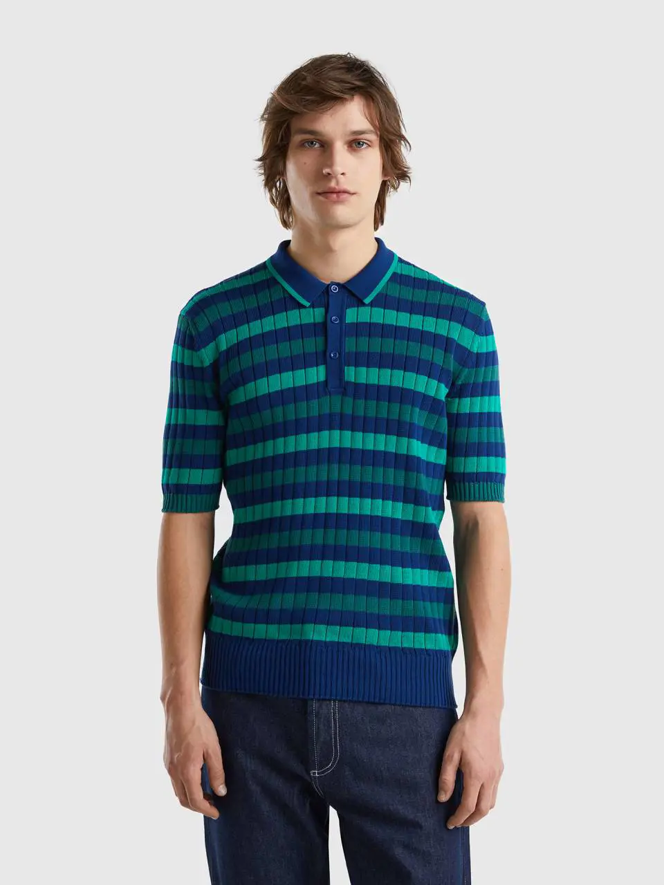 Benetton green and blue striped knit polo. 1