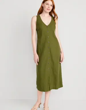 Sleeveless Button-Front Linen-Blend Maxi Shift Dress for Women green