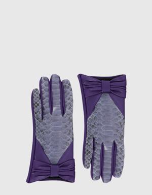 Bow Detailed Python Pattern Light Purple Leather Gloves