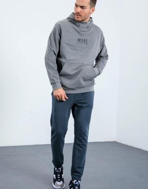 Gri Melanj Mars Yazı Ve Sırt Baskılı Kapüşonlu Rahat Form Erkek Sweatshirt - 88032