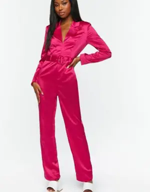 Forever 21 Satin Belted Long Sleeve Jumpsuit Hot Pink