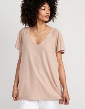 Old Navy Oversized V-Neck Linen-Blend Tunic T-Shirt for Women brown