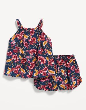 Printed Crinkle-Crepe Sleeveless Top & Shorts Set for Baby blue