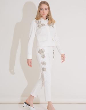 Embroidered Detailed Piping White Jean Trousers
