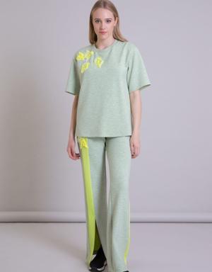Neon Detailed Slit Green Palazzo Trousers