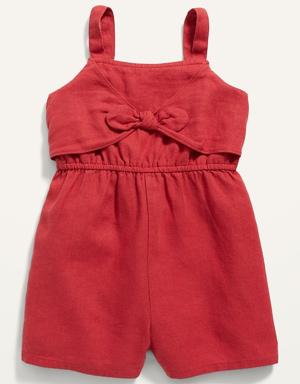 Sleeveless Linen-Blend Bow-Tie Front Romper for Toddler Girls
