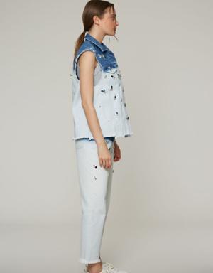 Two-tone, Stone Embroidered Blue Jean Vest