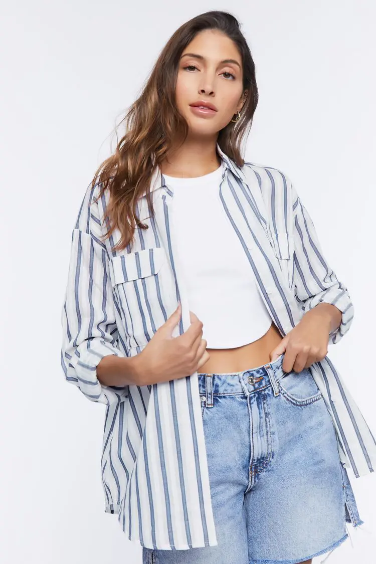 Forever 21 Forever 21 Striped Curved Hem Shirt White/Navy. 1