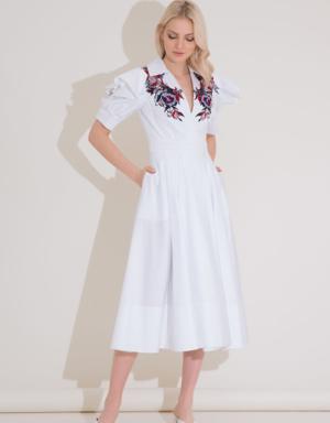 Volan Sleeve Detailed Embroidered White Midi Dress