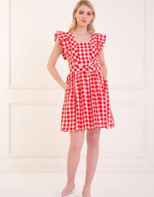Gingham Volan-Sleeve Belted Mini Red Dress