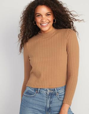 Cropped Rib-Knit Mock-Neck Sweater for Women yellow