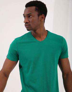 Koyu Yeşil Basic Kısa Kol Standart Kalıp V Yaka Erkek T-Shirt - 87912