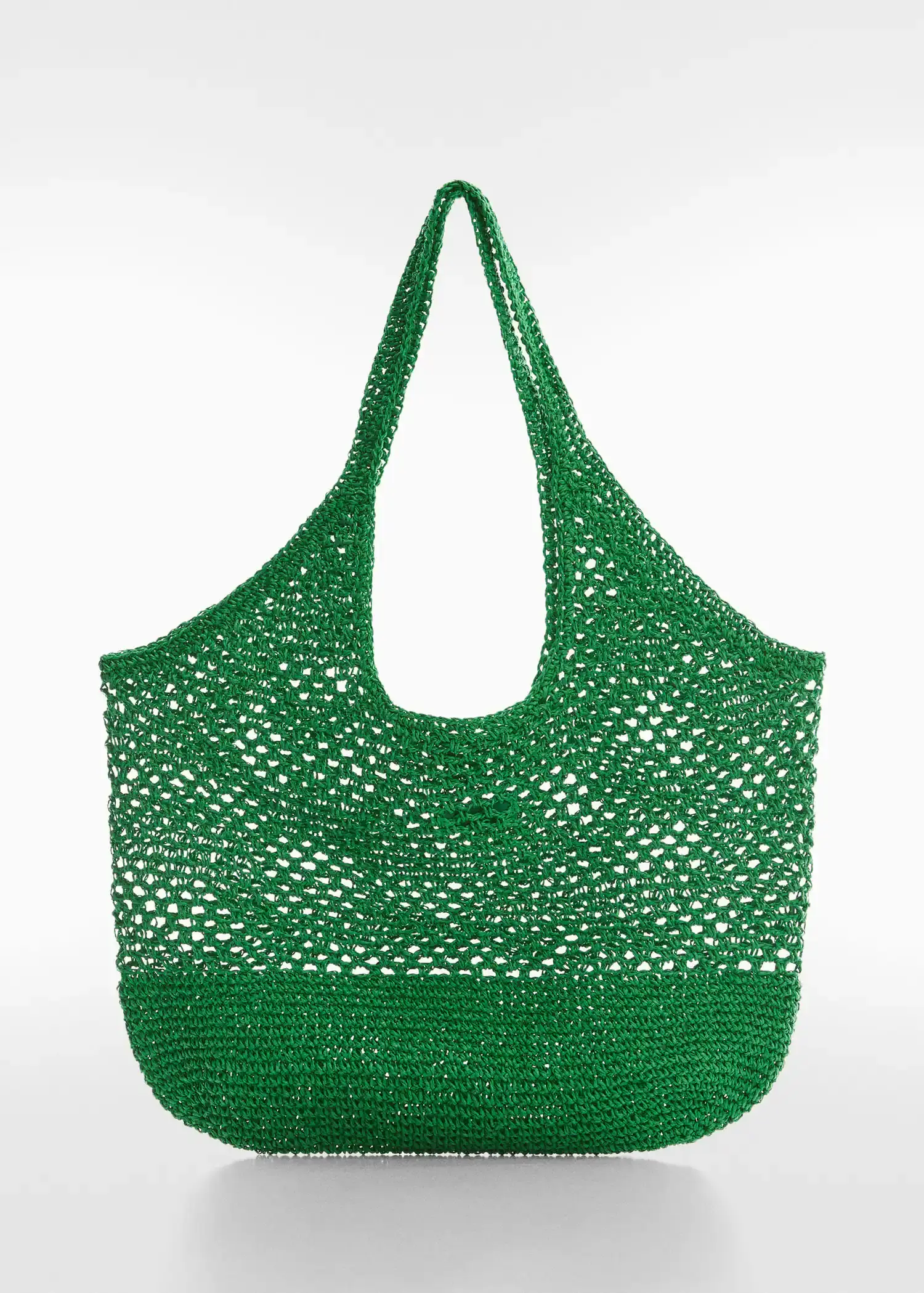 Mango Natural fibre sack bag. a crocheted green bag on a white background. 
