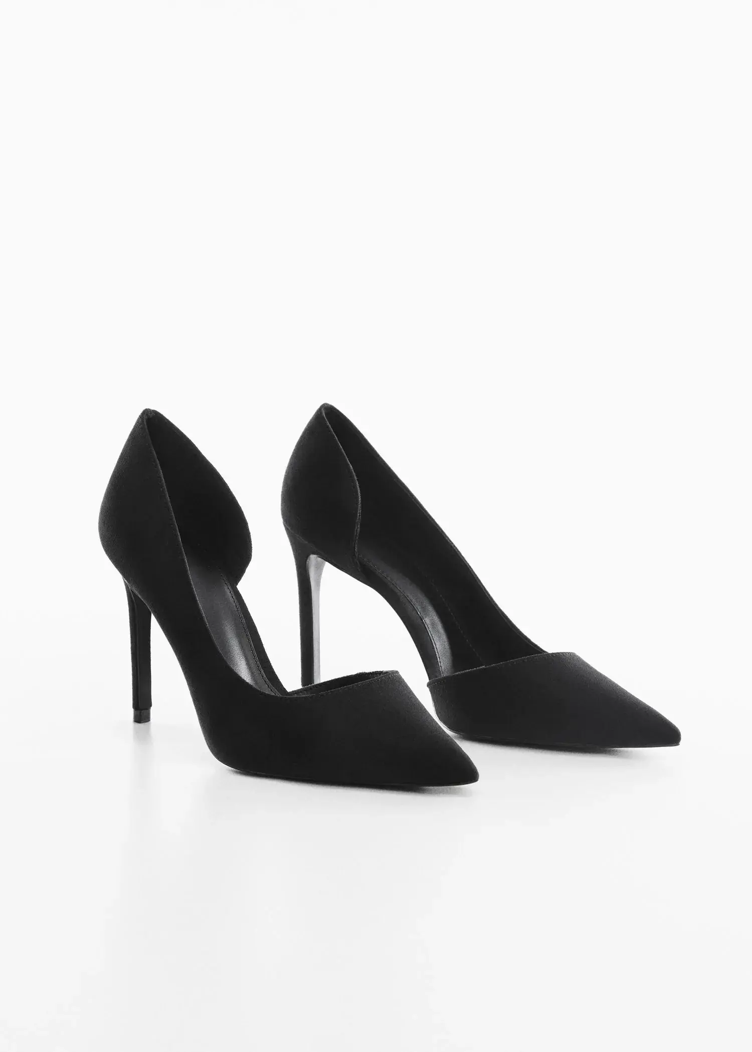 Mango Asymmetrical heeled shoes. a pair of black high heels on a white surface. 