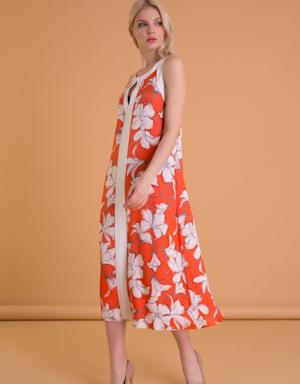 Floral Patterned Back Detailed Orange Midi Dress