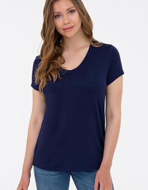 Kadın Lacivert V - Yaka Basic T-Shirt