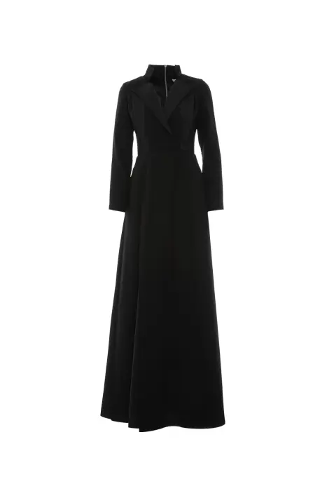 Gizia Dik Yaka Detaylı Uzun Siyah Abiye Elbise. 1