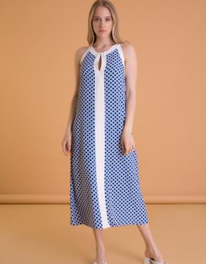Geometric Patterned Sleeveless Sax Blue Long Dress