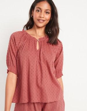 Textured Clip-Dot Smocked-Sleeve Pajama Top for Women red