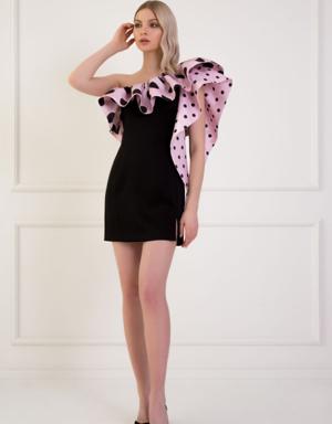 One Shoulder Polka Dot Pink Dress With Flounce Sleeves Detailed