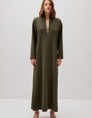 Needle Detailed Slit Green Long Dress