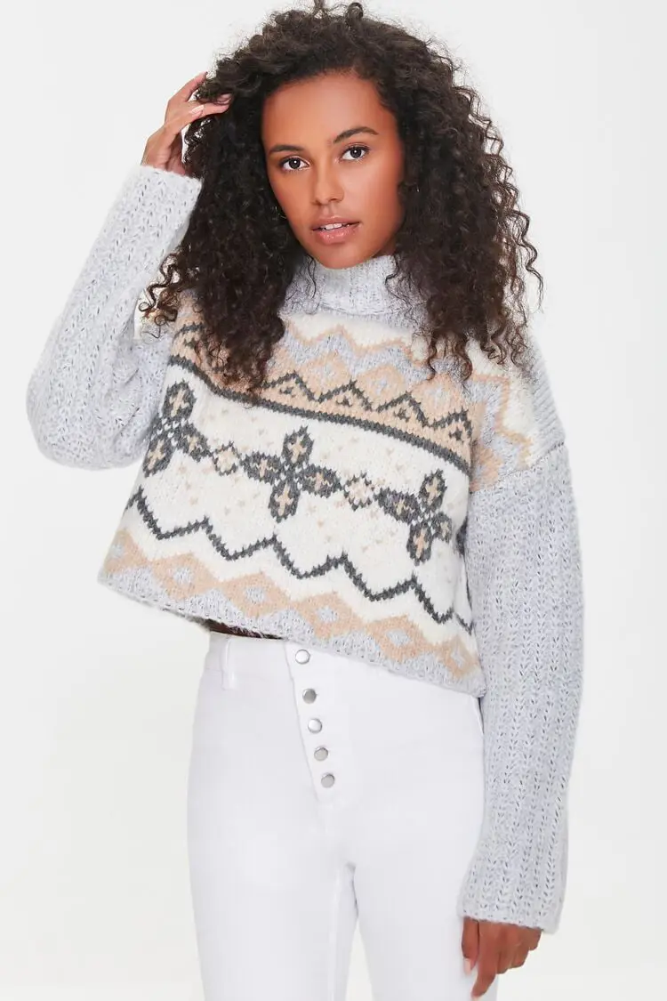 Forever 21 Forever 21 Cropped Geo Print Sweater Grey/Multi. 1