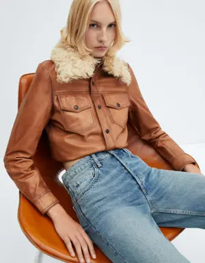 Suede jacket with fur-effect collar