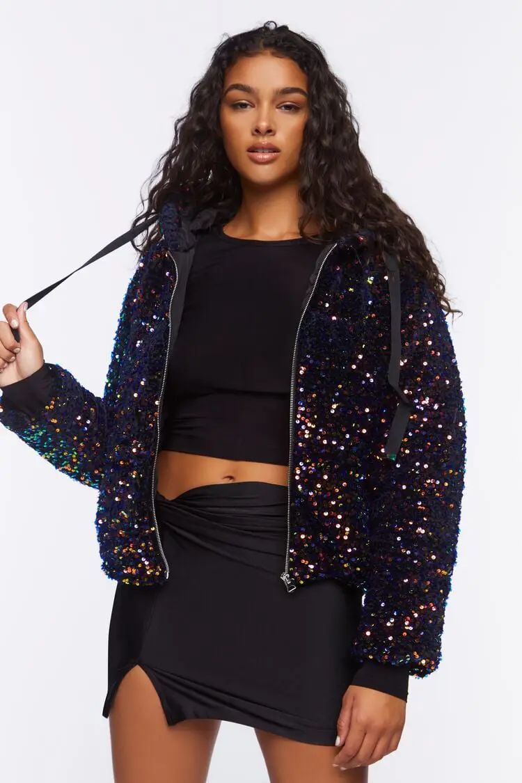 Forever 21 Forever 21 Sequin Hood Puffer Jacket Black/Multi. 1