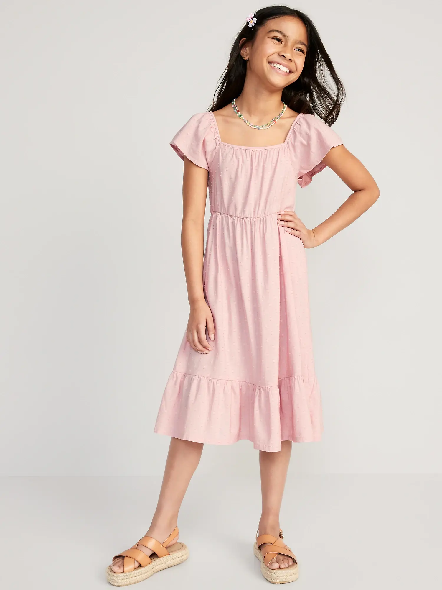 Old Navy Flutter-Sleeve Clip-Dot Fit & Flare Midi Dress for Girls pink. 1