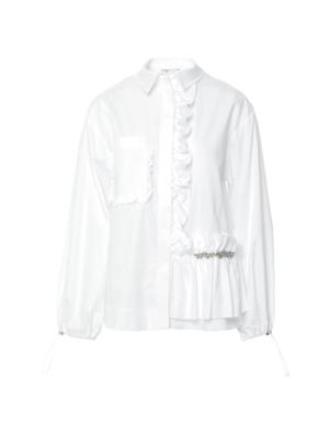 Asymmetric Embroidered White Shirt With Ruffle Detail