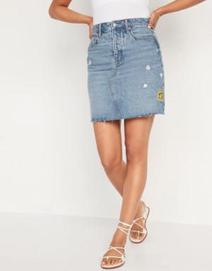 Higher High-Waisted Button-Fly Embroidered Mini Jean Skirt for Women multi