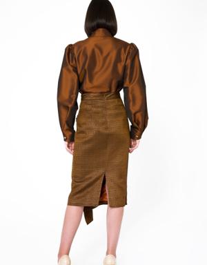 Buckle Detailed Asymmetric Cut Shiny Cinnamon Color Pencil Skirt