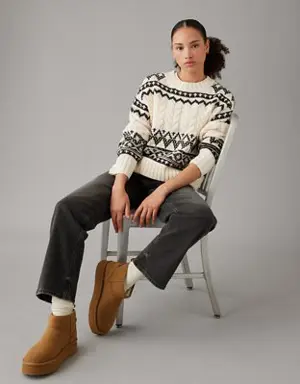 Fair Isle Cable-Knit Crewneck Sweater