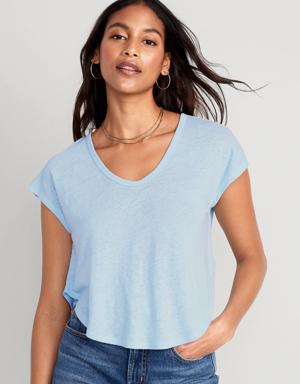 Old Navy Linen-Blend Cropped Voop-Neck T-Shirt for Women blue