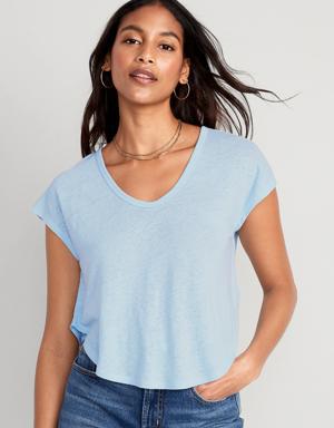 Linen-Blend Cropped Voop-Neck T-Shirt for Women blue