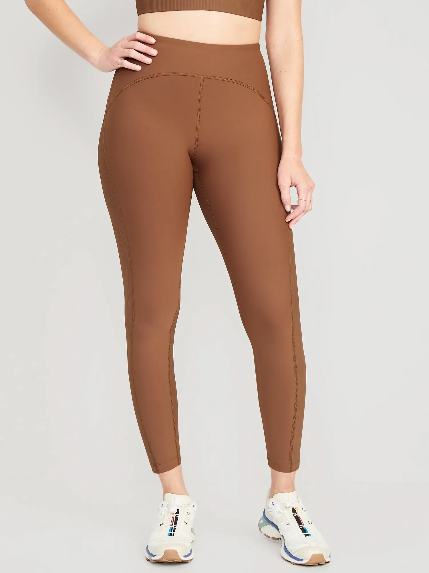 Old Navy High-Waisted PowerSoft 7/8 Mixed-Fabric Leggings for Women brown. 1