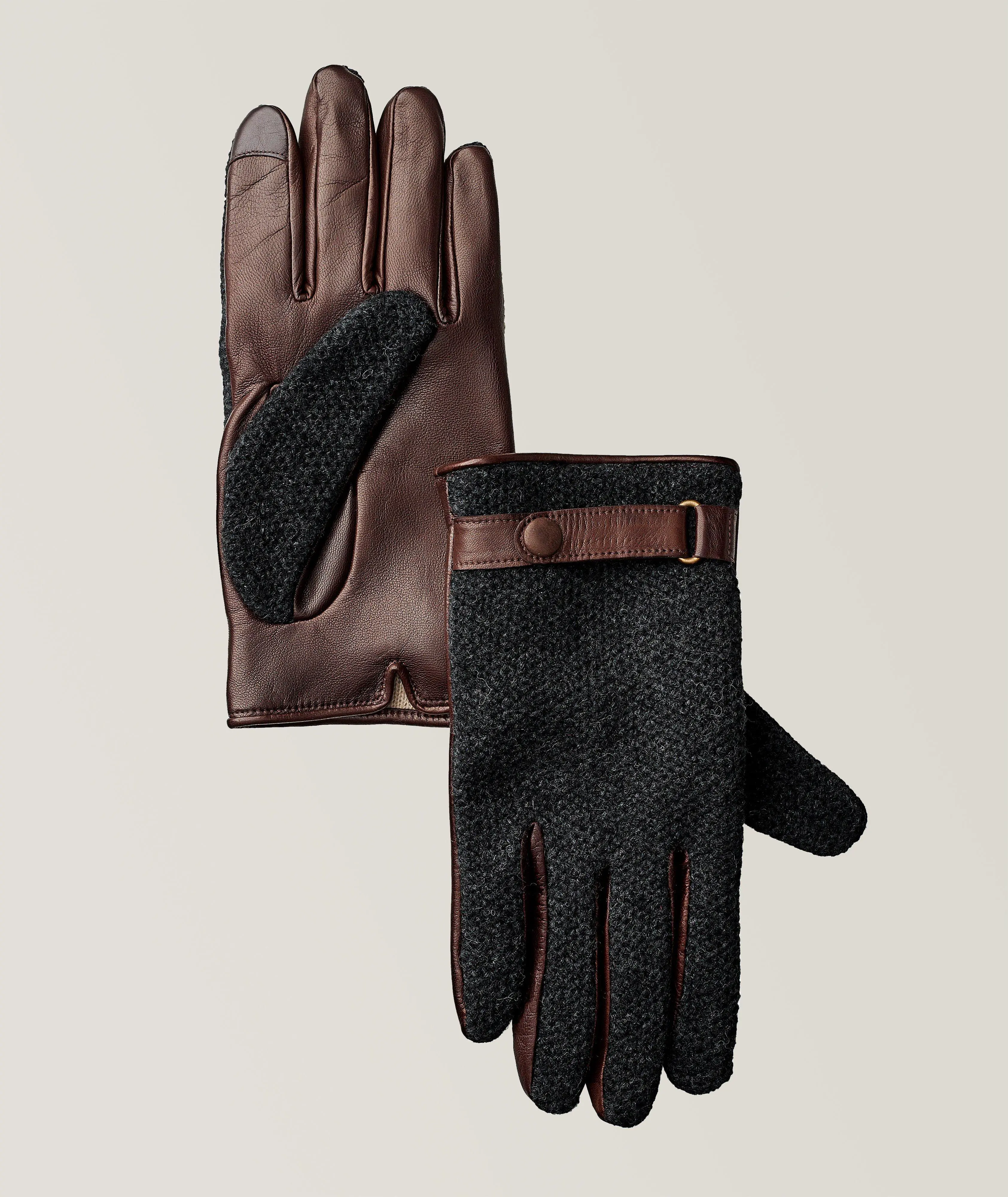 Harry Rosen Knit Cashmere Lined Leather Snap Gloves. 1