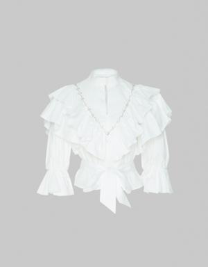 Flywheel And Embroidered Detailed Poplin White Blouse
