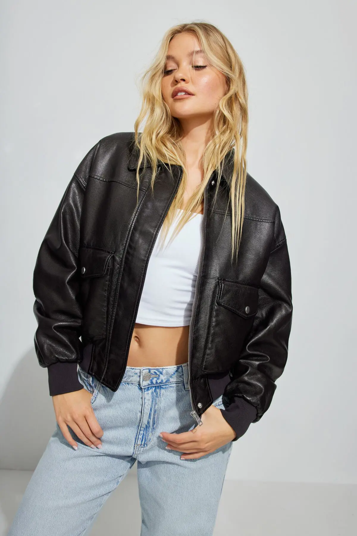 Garage Washed Faux Leather Bomber. 3