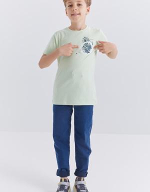Açık Yeşil Baskılı O Yaka Kısa Kollu Standart Kalıp Erkek Çocuk T-Shirt - 10867