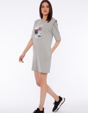 Shoulder Detailed Printed Knitted Grey Dress