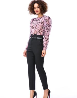 With Pleated Sleeves Floral Patterned Black Blouse