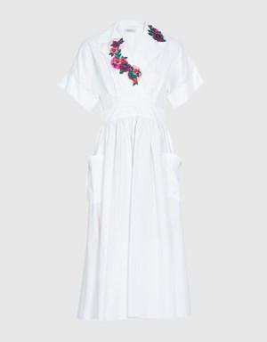 Floral Embroidered Collar Detailed Flounce Skirt White Dress