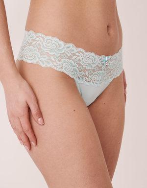 Microfiber and Wide Lace Band Thong Panty