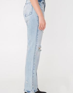 Yırtıklı Yüksek Bel Straight Jean