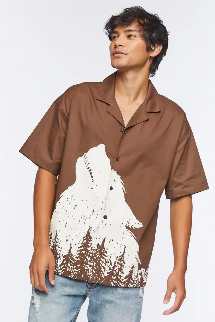 Forever 21 Forever 21 Twill Wolf Graphic Button Front Shirt Brown/Cream. 1