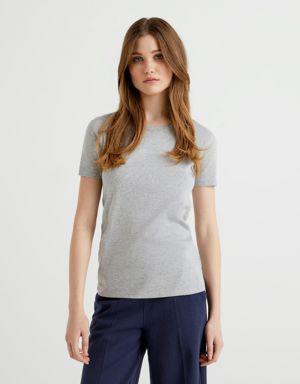 Kadın Gri Melanj Benetton Yazılı Basic Tshirt